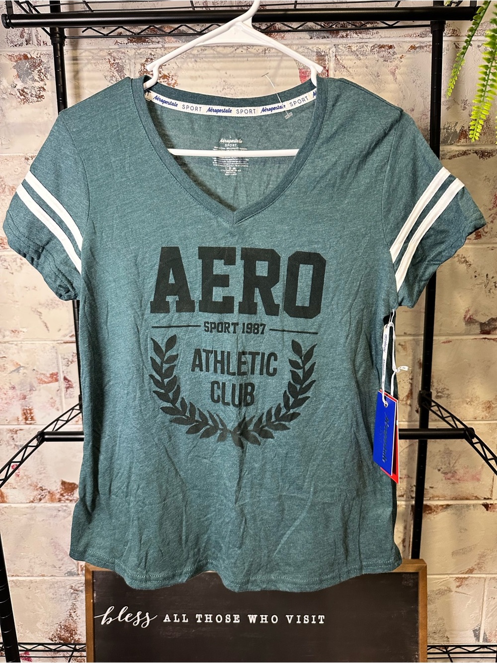 Aeropostale Teal V‑Neck AERO Athletic Club Tee with White Sleeve Stripes